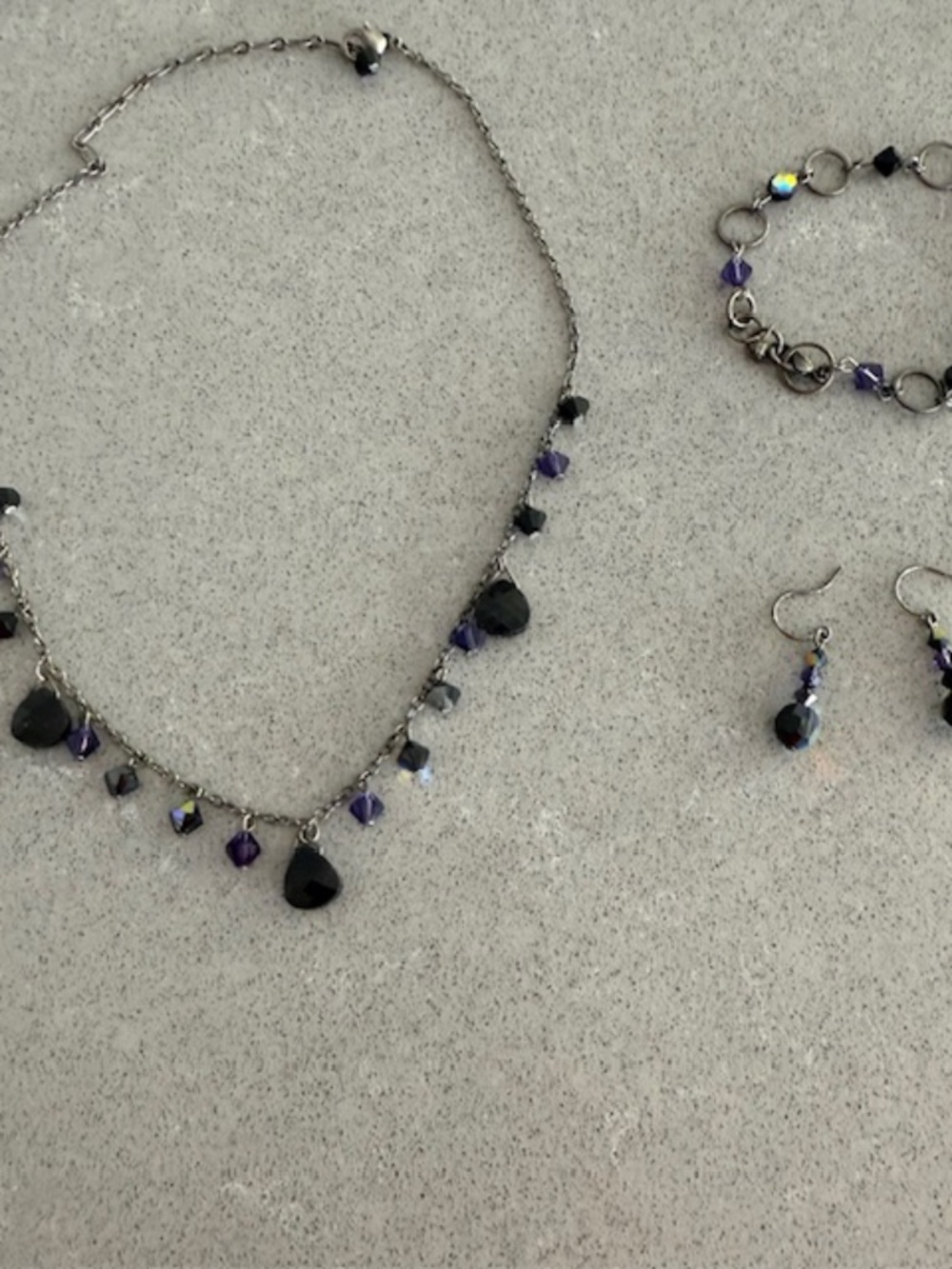 4 Piece Jewelry Set Dark Purple Faux Stones with Gun metal Chains